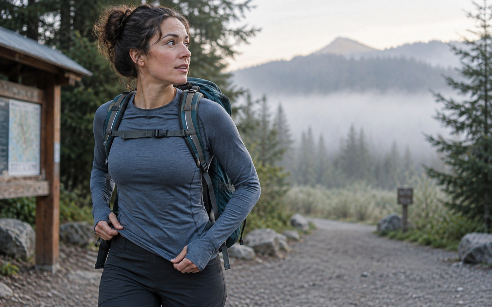 A hiker adjusting a fitted base layer at a cool morning trailhead