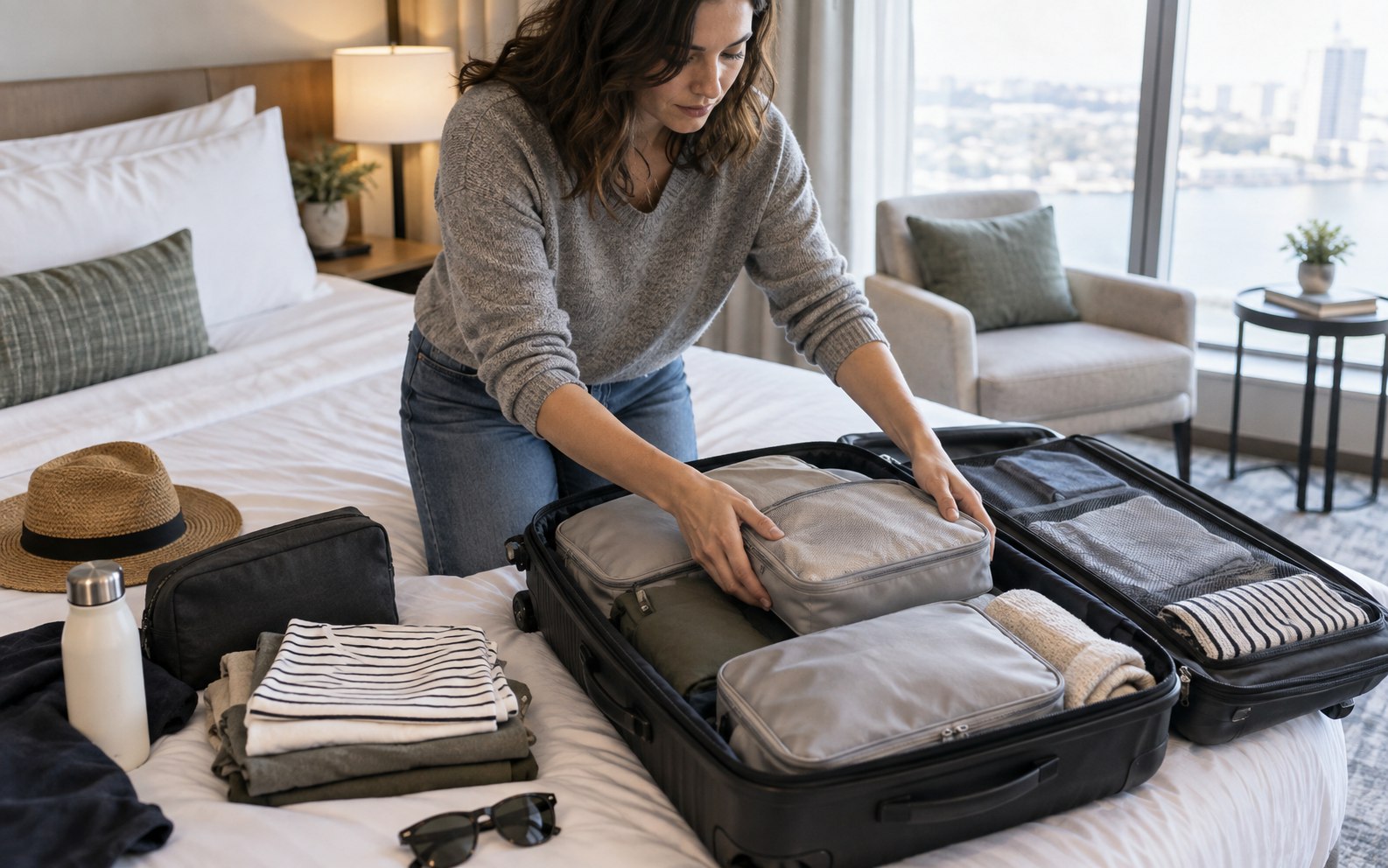 A traveler arranging packing cubes inside an open suitcase in a hotel room